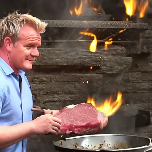 Prompt: Camcorder footage of Gordon Ramsey grilling a steak in the distance, In the Backrooms (found footage)