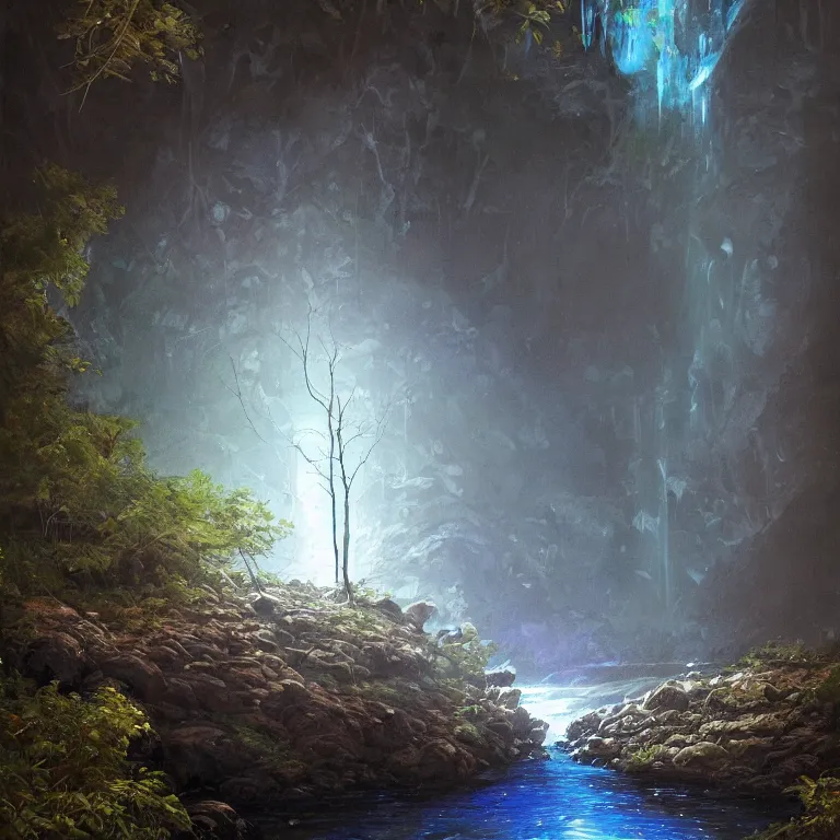 Image similar to A beautiful, highly detailed, very realistic oil painting of a single tree with rainbow leaves, next to a small river, glowing bright blue in the middle of a huge, very dark cave, with lots of dark grey rocks, oil painting by Greg Rutkowski.