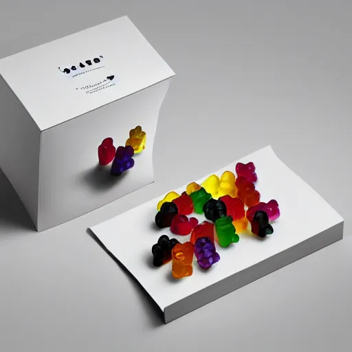 Image similar to original design concept of a minimalist packaging for gummy bears, studio lighting, minimalist style