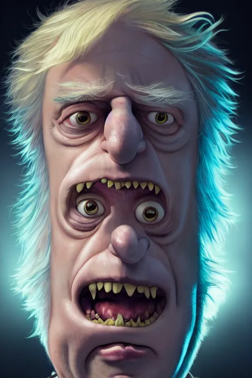 Image similar to Boris Johnson as crazy genius Rick Sanchez from Rick and Morty, unibrow, white robe, big eyes, realistic portrait, symmetrical, highly detailed, digital painting, artstation, concept art, smooth, sharp focus, illustration, cinematic lighting, art by artgerm and greg rutkowski and alphonse mucha