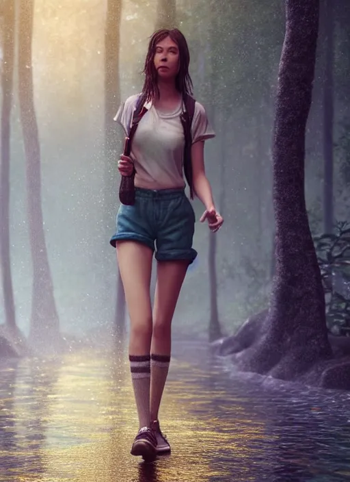 Prompt: young woman walking : : shorts wet shirt : : raining forest nature : : weta disney pixar movie still photo : : decadent highly - detailed digital painting, full length shot, golden ratio, octane render, artstation, smooth, sharp focus, artgerm, mucha, loish, wlop, gogo