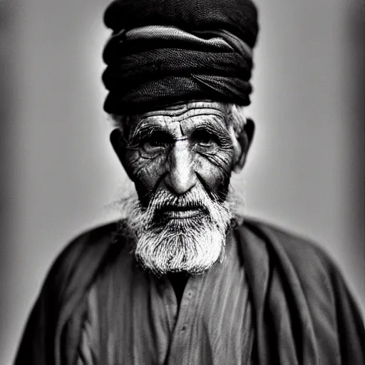 Image similar to black and white photo, portrait of 80 year old afghan man by richard avedon, realistic, Leica, medium format, cinematic lighting, wet plate photography, parallax, high resolution,