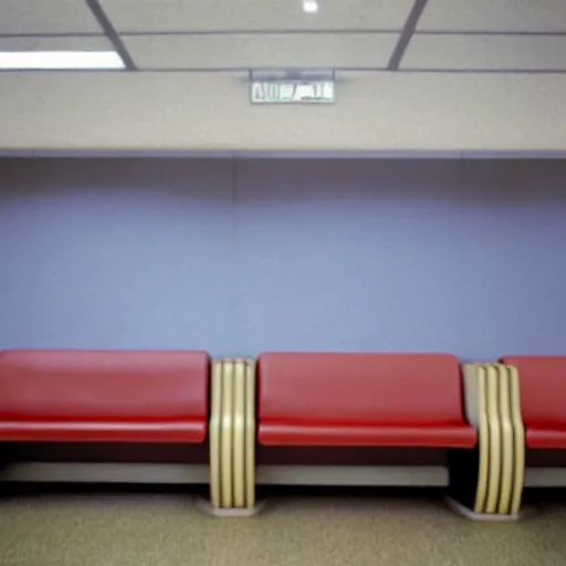 Prompt: Nostalgic waiting room, lowly-lit, 1990s style, no people