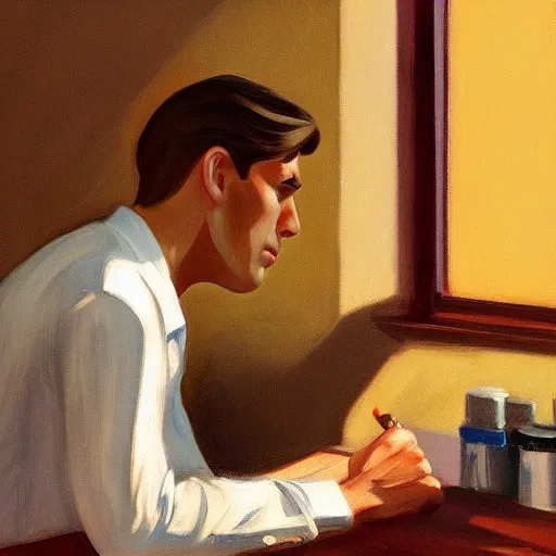 Prompt: a brown haired man with a 5 o'clock shadow, detailed, edward hopper, trending on artstation,