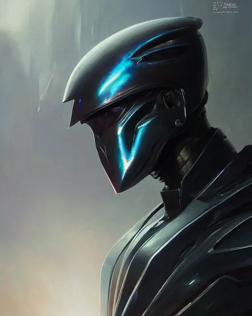 Image similar to iridescent sinewy smooth muscular male sleek glossy black pearlescent scifi armor with smooth black featureless helmet, by greg rutkowski, mark brookes, jim burns, tom bagshaw, magali villeneuve, eve ventrue, neil nelson thedarkestseason, trending on artstation