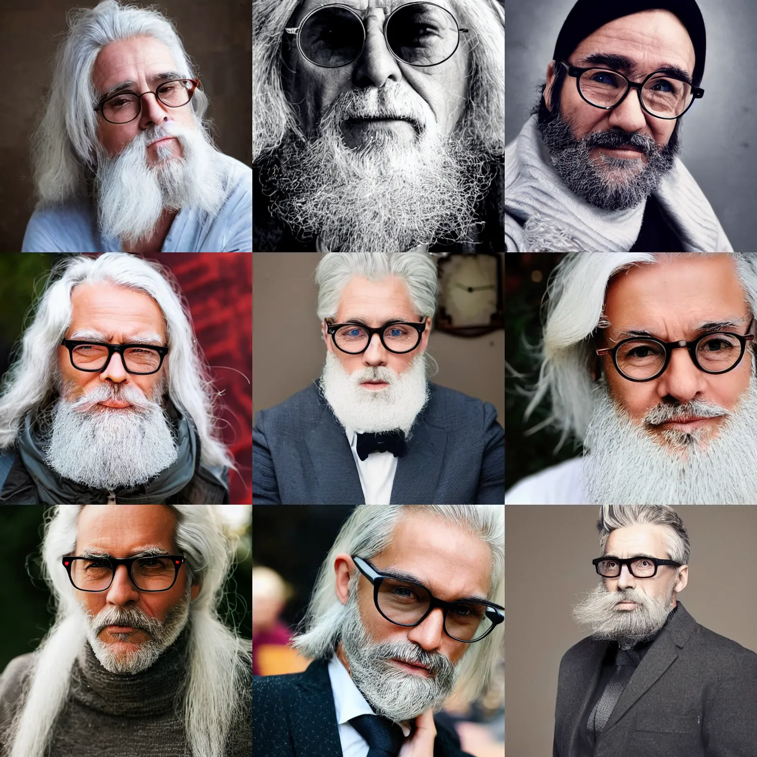 Prompt: ! dream man in his 5 0 s with long white hair, a white chin beard without mustache and small thin - frame round glasses