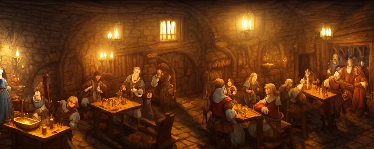 Image similar to A medieval cozy tavern with a bard on a stage on the centre of the frame, screenshot from anime hidden object game, cinematic lighting, epic composition, cartoon, animation, background art, post processing, 8K resolution, elegant, highly detailed, digital painting, artstation, concept art, matte, sharp focus, illustration, art by da Vinci, Artgerm and Greg Rutkowski and Alphonse Mucha, Fire Emblem inspiration, RPG inspiration, JRPG inspiration