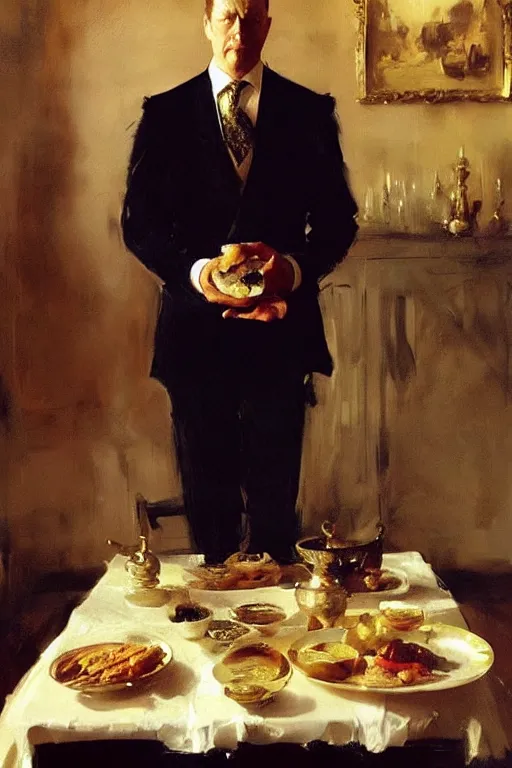 Image similar to portrait of a respectable dignified royal business elite politician standing on top of a finely set table calmly stepping in the food art by anders zorn, wonderful masterpiece by greg rutkowski, beautiful cinematic light, american romanticism by greg manchess, jessica rossier