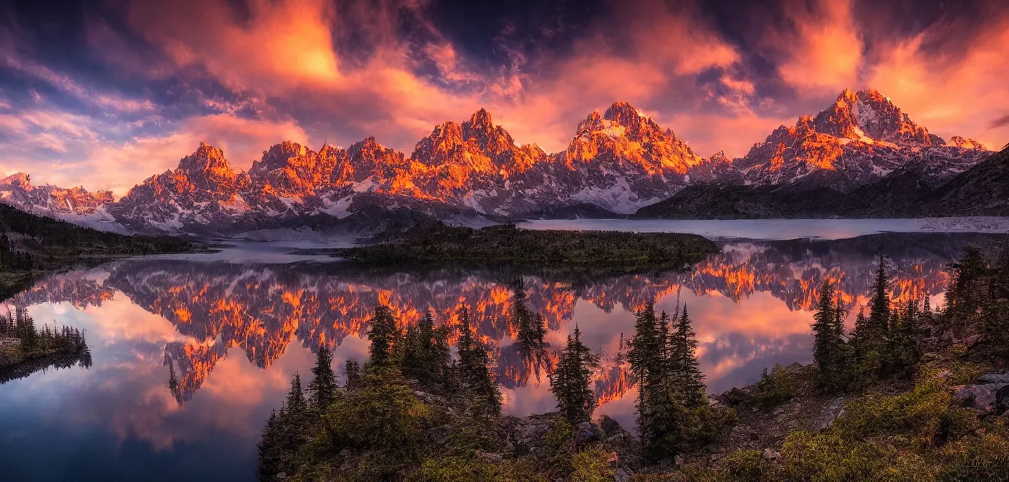 Image similar to amazing landscape photo of mountains with lake in sunset by marc adamus, beautiful dramatic lighting