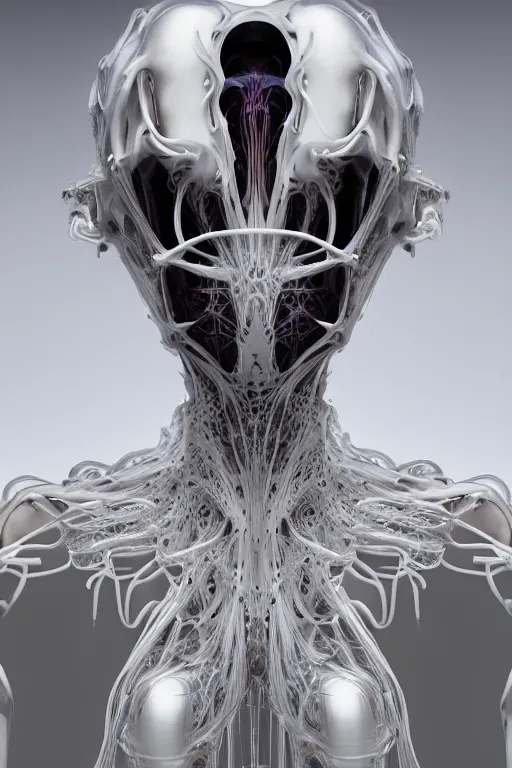 Image similar to iris van herpen baroque, perfect symmetrical body, helmet on face, full body shot, inflateble shapes, wires, tubes, veins, jellyfish, white biomechanical details, wearing epic bionic cyborg implants, masterpiece, intricate, biopunk, vogue, highly detailed, artstation, concept art, cyberpunk, octane render