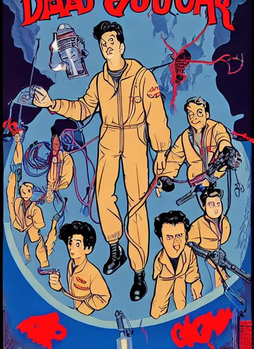 Prompt: a poster of the real ghostbusters ( 1 9 8 6 ) and david lynch, poster art by john carpenter, featured on deviantart, toyism, movie poster, concert poster, poster art, highly detailed