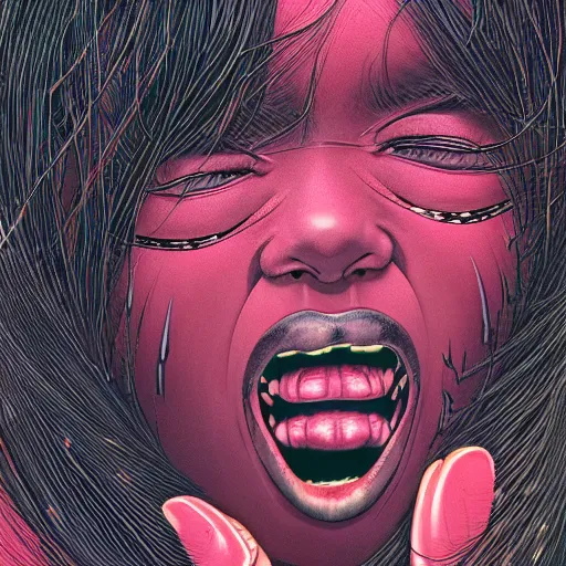 Image similar to portrait closeup of screaming black reflective glossy dark woman, sensual pose, symmetrical, glitches, snakes coming out from her mouth, by yoichi hatakenaka, masamune shirow, josan gonzales and dan mumford, ayami kojima, takato yamamoto, barclay shaw, karol bak, yukito kishiro, moebius