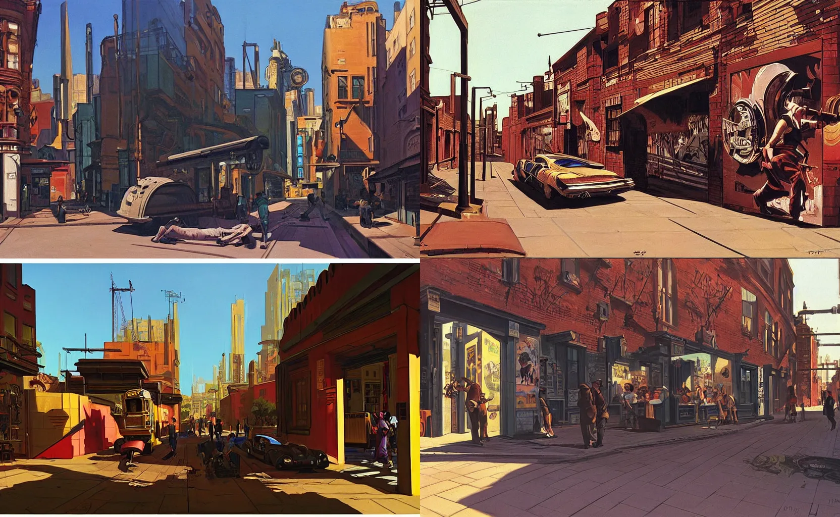 Prompt: a graffitied steampunk street, painting by Syd Mead and Edward Hopper,
