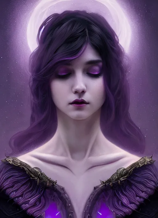 Image similar to background is moon many light effects, symmetrical centered portrait dark witch, large cloak, fantasy forest landscape, dragon scales, fantasy magic, undercut hairstyle, short purple black fade hair, dark light night, intricate, elegant, sharp focus, digital painting, concept art, matte, art by wlop and artgerm and greg rutkowski and alphonse mucha, masterpiece