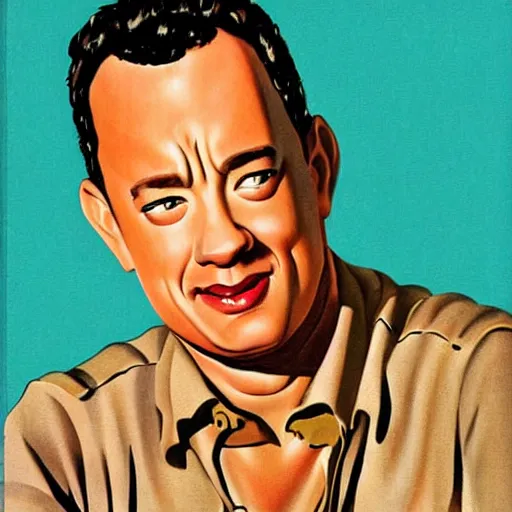 Image similar to “Tom Hanks portrait, color vintage magazine illustration 1950”