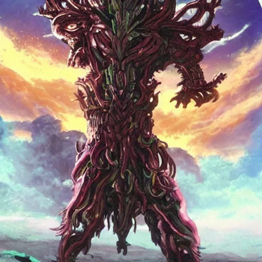 Image similar to sci - fi anime exoskeleton creature fighting the ancient tree god on a vast desert island, cinematic, high fantasy, maximalist, epic