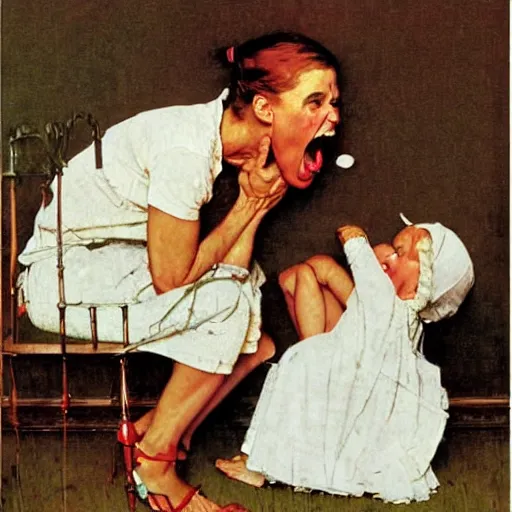 Image similar to A mother screaming to her baby artwork by Norman Rockwell, cinematic composition