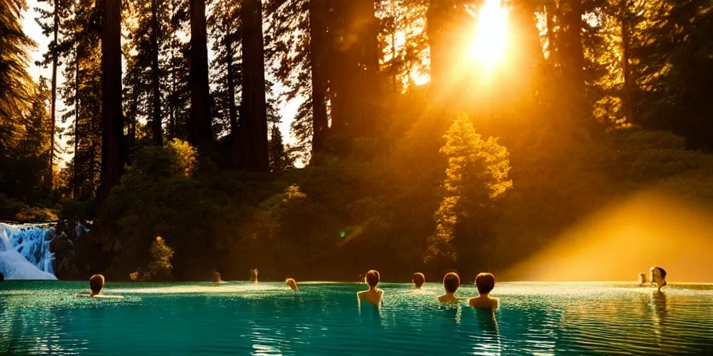 Prompt: distant figures swimming in a waterfall lagoon surrounded by redwood trees during golden hour by sapna reddy, cinematic forest lighting, hyperdetailed, in volumetric soft glowing mist, elegant pose, movie still, real life landscape