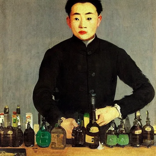 Image similar to portrait of a male chinese android bartender by edouard manet