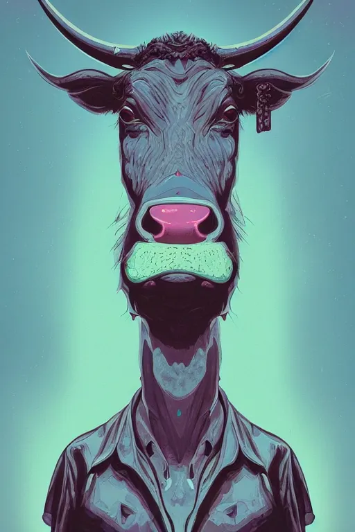 Image similar to portrait of cow herald in the style of Rob Lefield and Dan Mumford , trending on artstation, digital art,surrealism ,macro,blueprint ,vaporwave ,