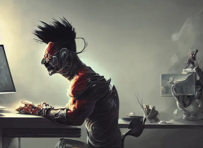 Image similar to an insanely detailed painting of an asian man wearing a homemade superhero costume, sitting at a desk, staring seriously at the computer and typing, in the style of peter mohrbacher, dramatic lighting and composition, surreal background, octane render, pixar, trending on artstation, concept art, comic book, view from behind, 8 k