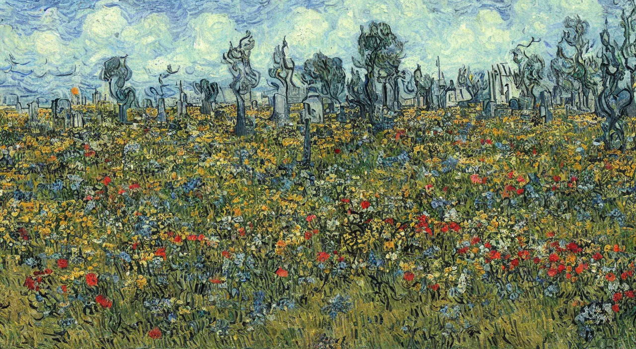 Image similar to painting of a graveyard adorned with flowers in a cemetary by van gogh, beautiful sunny day