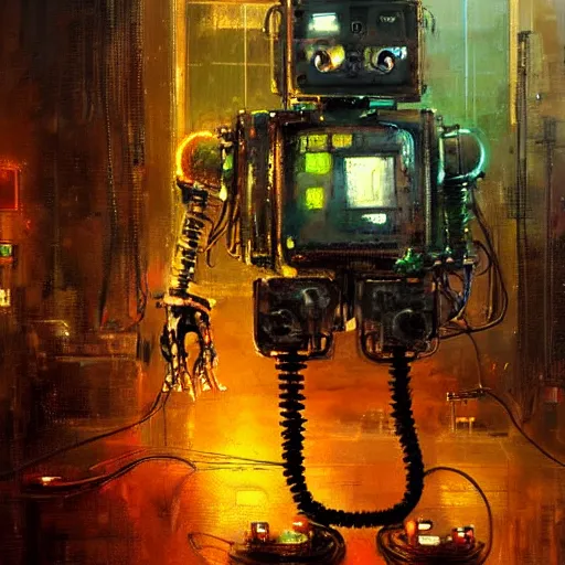 Image similar to robot cyborg cat, many wires and neon lights exposed, metal and glowing eyes, highly detailed painting by jeremy mann