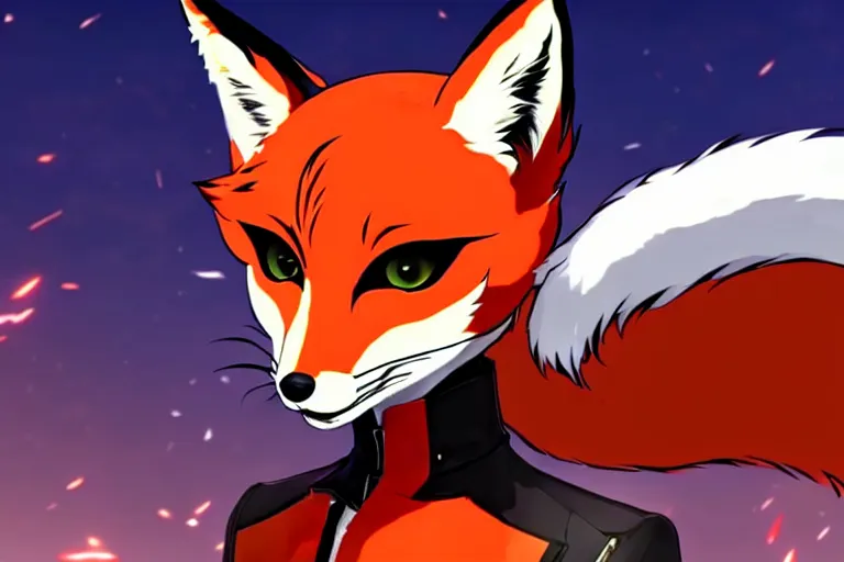 Image similar to a furry tan male fox on a persona 5 : royal ( by atlus ) video game splash screen, a furry male sandcolored tan fox fursona ( has hair ), persona 5 phantom thief style