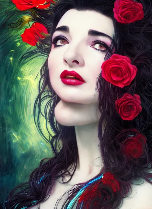 Prompt: portrait of kate bush against a neon multicolored background, lush black hair, pale skin, white and red roses, flowing material, intricate, beautiful cinematic lighting, stunning painting by artgerm, caravaggio, android jones, wadim kashin, alphonse mucha