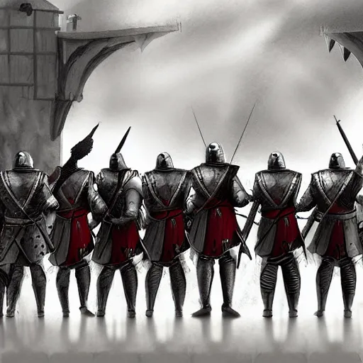 Image similar to realistic, 5 medieval knights, soldiers, in line, pikes, hellbards, banner, flag, mist, picture from behind, epic, digital art, illustration, fantasy, realistic sketch, dark