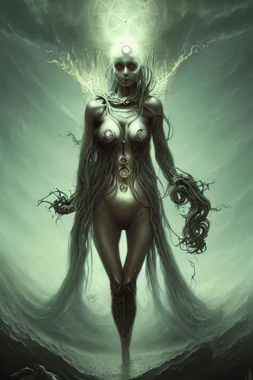 Image similar to Beautiful Eldritch Goddess of Nuclear Explosions, digital art, fantasy, magic, trending on artstation, illustration by Seb McKinnon and Peter Mohrbacher, ultra detailed, atmospheric, Radioactive Bikini Armor