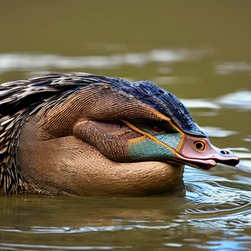 Prompt: a hybrid between a dinosaur and a duck, photography, award winning, national geographic channel, discovery channel, wildlife, 8 k