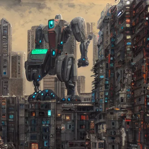 Prompt: A picture of giant robot buildings that have mechanical parts, walking in a urban landscape, sci fi, detailed, hyper realistic