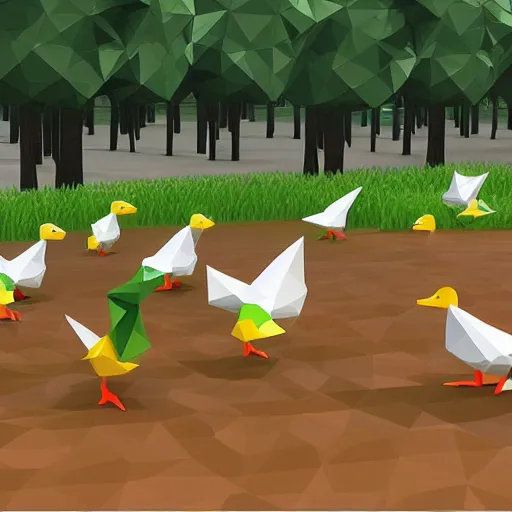 Prompt: low poly ducks fighting in massive battle