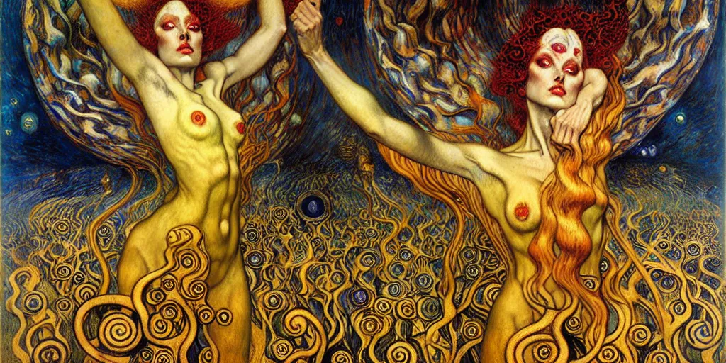 Image similar to Divine Chaos Engine by Karol Bak, Jean Delville, William Blake, Gustav Klimt, and Vincent Van Gogh, symbolist, visionary