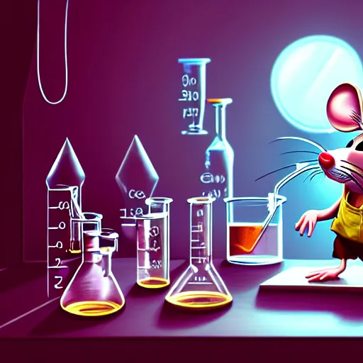 Image similar to anthropomorphic mouse performing a chemistry experiment, in a cluttered lab, lots of beakers, illustration, cyberpunk, sci - fi fantasy, intricate, elegant, highly detailed, digital painting, pastel colors, artstation, concept art