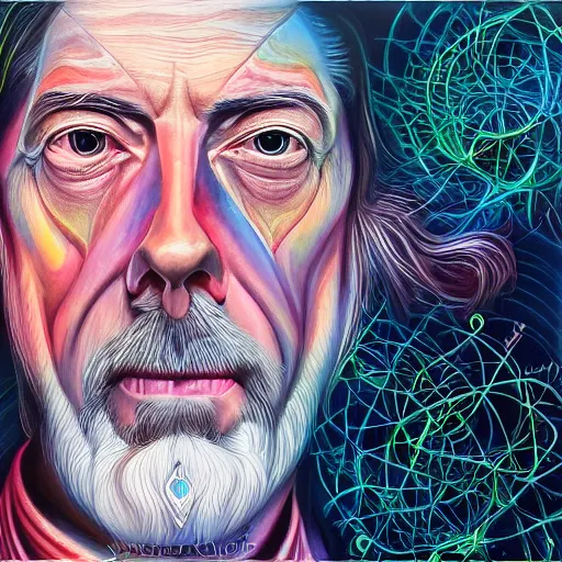 Image similar to Anna Dittmann painting of Alan watts, trending on art station, drawn by alex grey