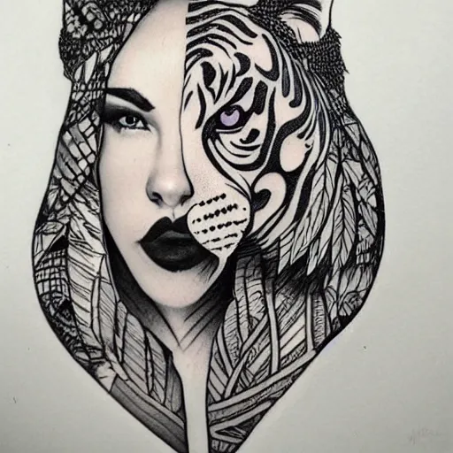 Image similar to tattoo design of a face of a beautiful girl wearing a tiger head hat, hyper detailed, in the design of eliot kohek