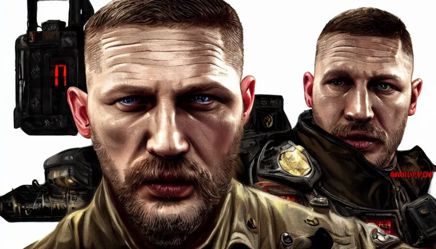 Image similar to Digital painting of Tom Hardy as William Blazkowicz from Wolfenstein, hyperdetailed, artstation, cgsociety, 8k