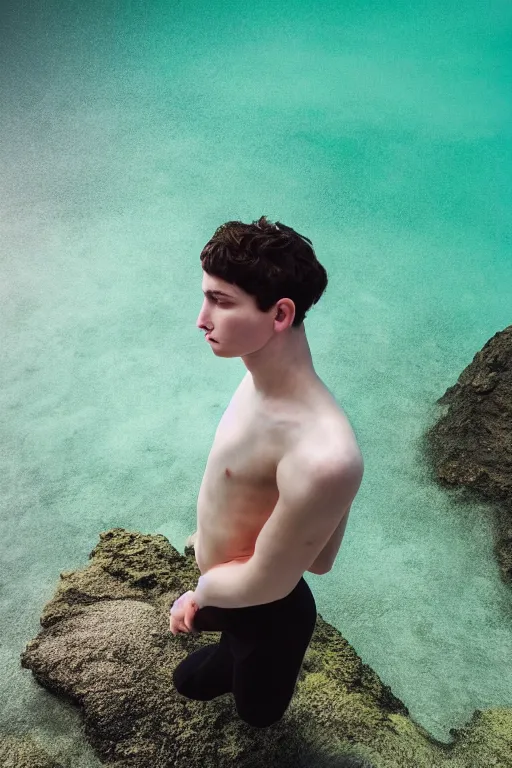 Image similar to high quality pastel coloured film mid angle docu photograph of a beautiful young 2 0 year old male, soft features, short black hair, falling, jumping in an icelandic black rock pool environment. atmospheric. three point light. photographic. art directed. ( pastel colours ). volumetric light. clearcoat. waves glitch. 8 k. filmic.