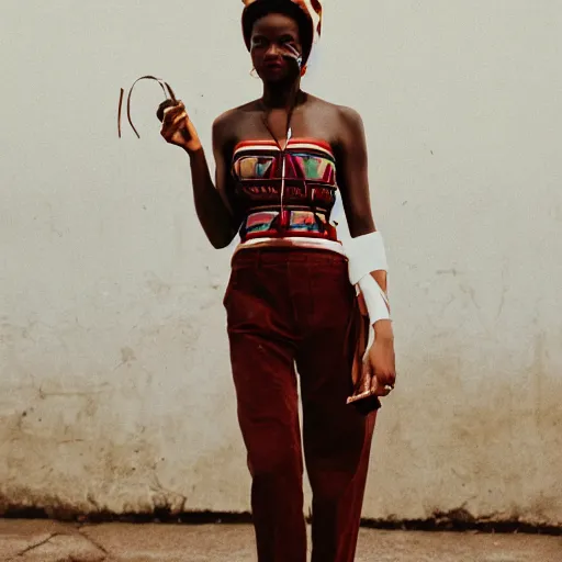 Prompt: realistic photoshooting for a new aime leon dore lookbook, color film photography, portrait of a beautiful woman, in style of Bolade Banjo, 35mm,