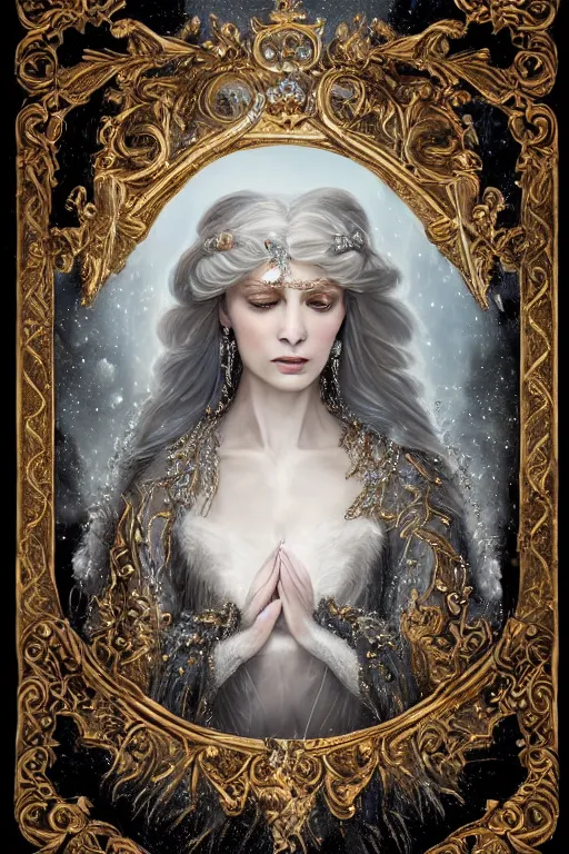 Prompt: full - body - portrait of one beautiful stunning peaceful majestic ice queen wearing intricate jewelry, oil on canvas, baroque style, perfect symmetrical face, mood lighting, ornate and elegant, winter, philosophical, painterly, 🌚, digital art, detailed, trending on artstation