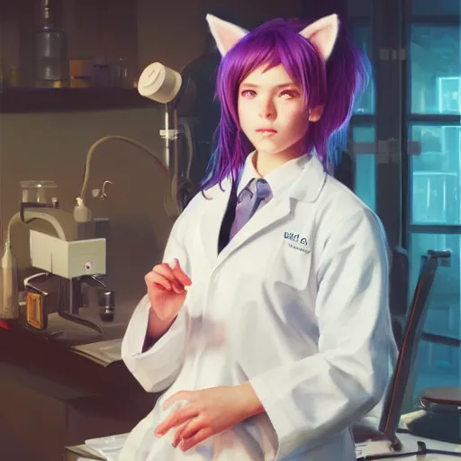 Image similar to girl with cat ears wearing a labcoat in a biology lab, microscope on the table, expressive oil painting, matte art, trending on artstation, sunlit, octane render, brushstrokes, beautiful face portrait, beautiful lighting