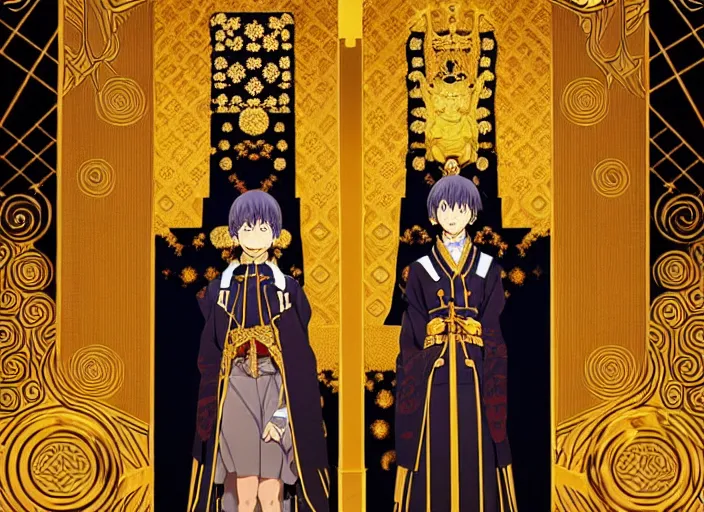 Image similar to key anime visual portrait of a king's throne room interior, servants, nobles, dynamic pose, cinematic, film grain, designed by yoh yoshinari and ilya kuvshinov, detailed, intricate, at night, dramatic lighting, interior by gustav klimt, costumes by mika pikazo