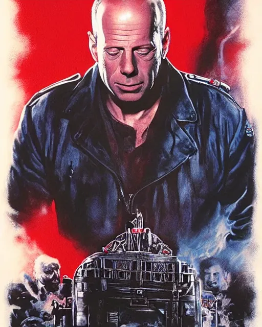 Image similar to bruce willis in 1 2 monkeys, airbrush, drew struzan illustration art, key art, movie poster