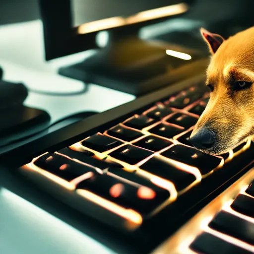 Image similar to barking angry dog typing on rgb keyboard photo dramatic lighting