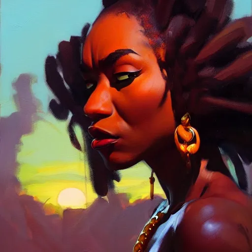 Image similar to Greg Manchess portrait painting of an afropunk villian character, medium shot, asymmetrical, profile picture, Organic Painting, sunset dark dramatic day, matte painting, bold shapes, hard edges, street art, trending on artstation, by Huang Guangjian and Gil Elvgren and Sachin Teng