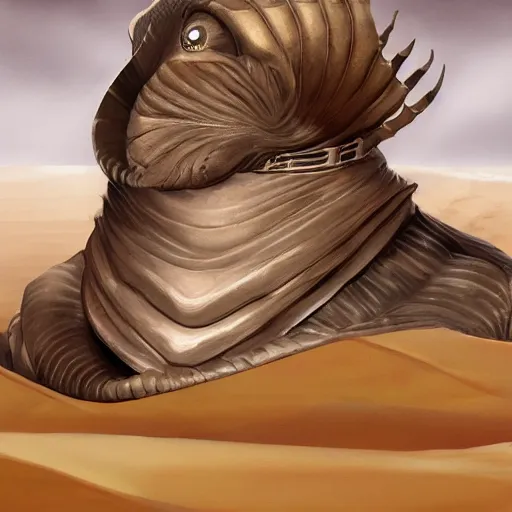 Image similar to dune sandworm with the face of Joe Biden; sand dunes in background artstation