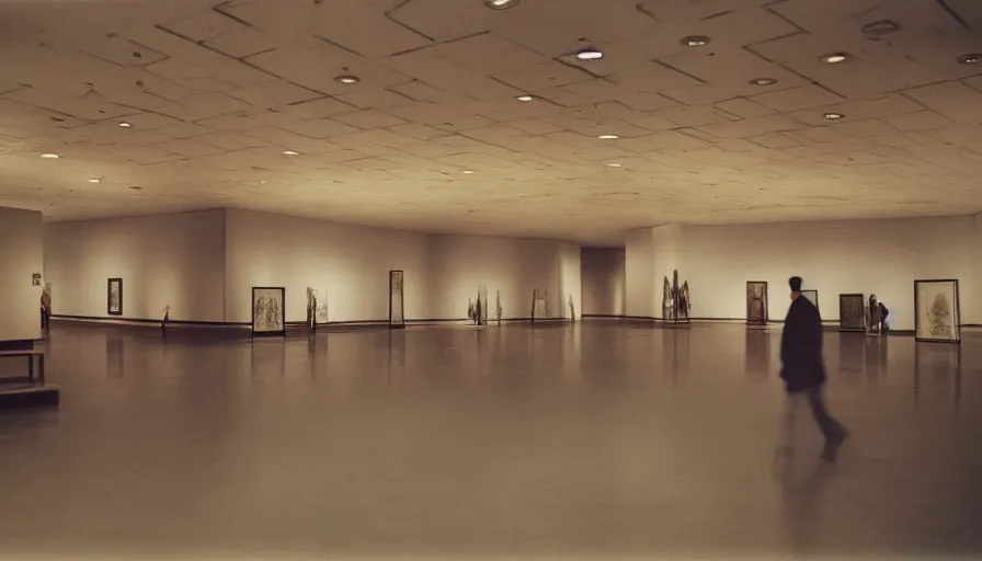 Image similar to 60s movie still of a sovietic stalinist style empty art museum, cinestill 800t 50mm eastmancolor, liminal Space style, heavy grain-s 150