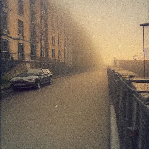 Image similar to Beautiful cameraphone, soft liminal Photograph of an estate road, early morning, small flat/apartment